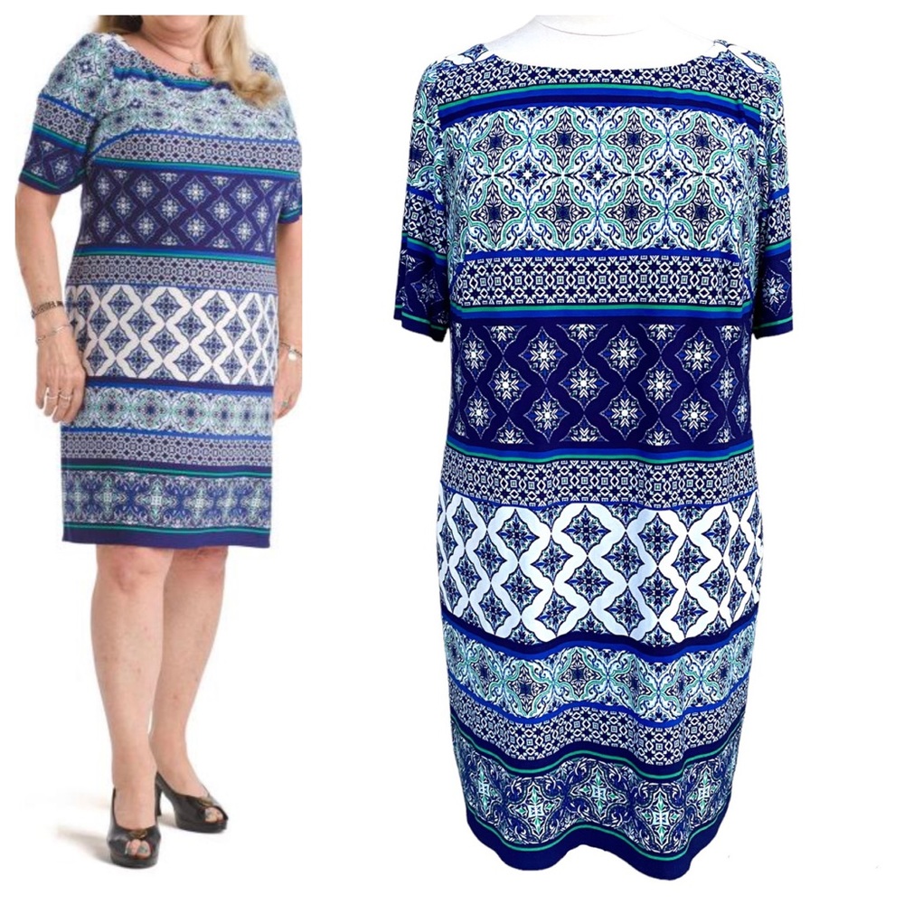 ELIZA J shift dress Geo Striped Knit plus size 16W blue paisley floral print 16
